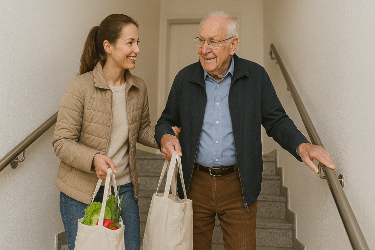 Einkaufstaschen werden die Treppe hinauf getragen
